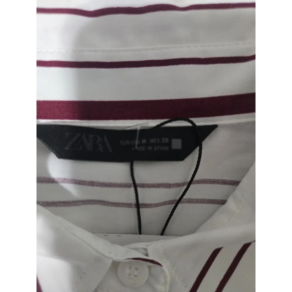 Zara Striped Button Down Relaxed Fit 100% Cotton Burgundy White Size M NWOT - Picture 5 of 9
